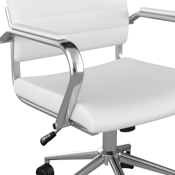 White Faux Leather/Polished Nickel |#| Ribbed Faux Leather Swivel Home Office Chair with Armrests-White/Polished Nickel