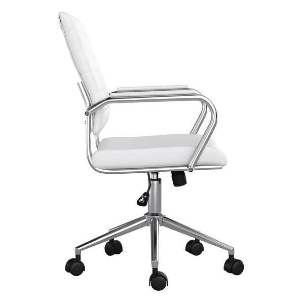 White Faux Leather/Polished Nickel |#| Ribbed Faux Leather Swivel Home Office Chair with Armrests-White/Polished Nickel