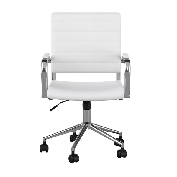 White Faux Leather/Polished Nickel |#| Ribbed Faux Leather Swivel Home Office Chair with Armrests-White/Polished Nickel