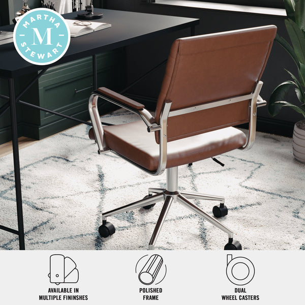 Saddle Brown Faux Leather/Polished Nickel |#| Ribbed Faux Leather Swivel Home Office Chair with Armrests-Brown/Polished Nickel