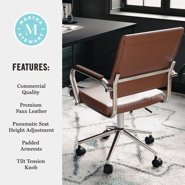 Saddle Brown Faux Leather/Polished Nickel |#| Ribbed Faux Leather Swivel Home Office Chair with Armrests-Brown/Polished Nickel