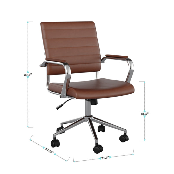 Saddle Brown Faux Leather/Polished Nickel |#| Ribbed Faux Leather Swivel Home Office Chair with Armrests-Brown/Polished Nickel