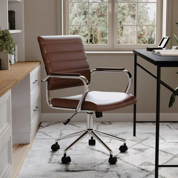 Saddle Brown Faux Leather/Polished Nickel |#| Ribbed Faux Leather Swivel Home Office Chair with Armrests-Brown/Polished Nickel
