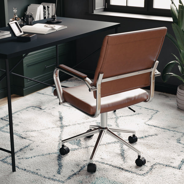 Saddle Brown Faux Leather/Polished Nickel |#| Ribbed Faux Leather Swivel Home Office Chair with Armrests-Brown/Polished Nickel