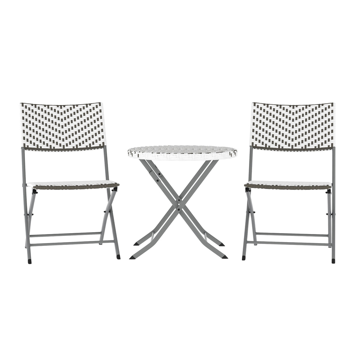 Gray & White |#| 3PC Gray/White and Charcoal Indoor/Outdoor PE Rattan Folding Bistro Set