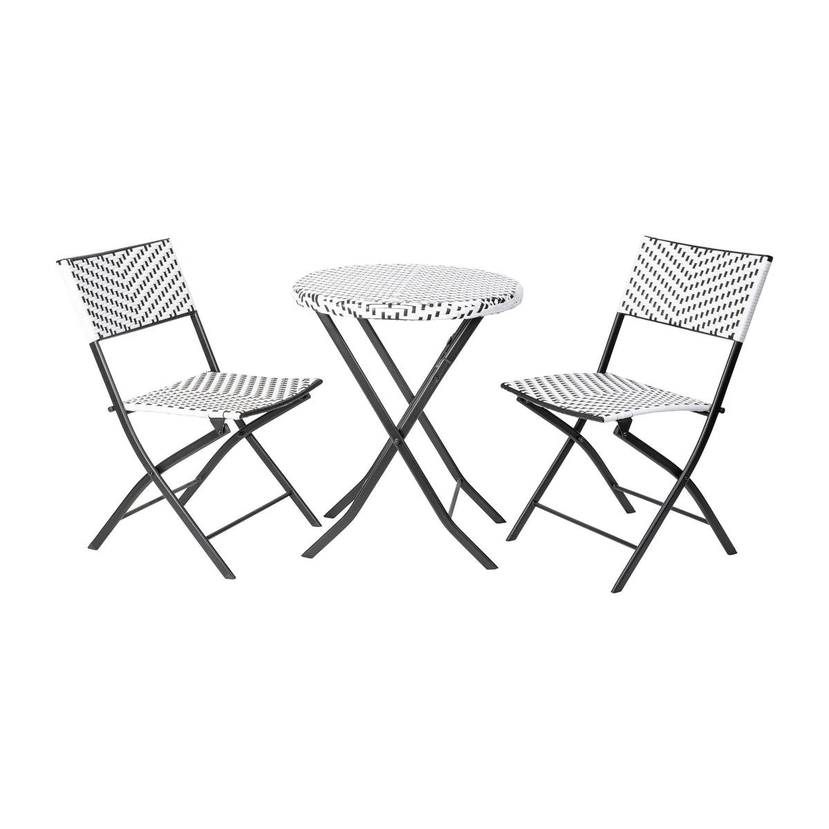 Black & White |#| 3PC Black and White Indoor/Outdoor PE Rattan Folding Bistro Set