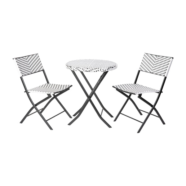 Black & White |#| 3PC Black and White Indoor/Outdoor PE Rattan Folding Bistro Set