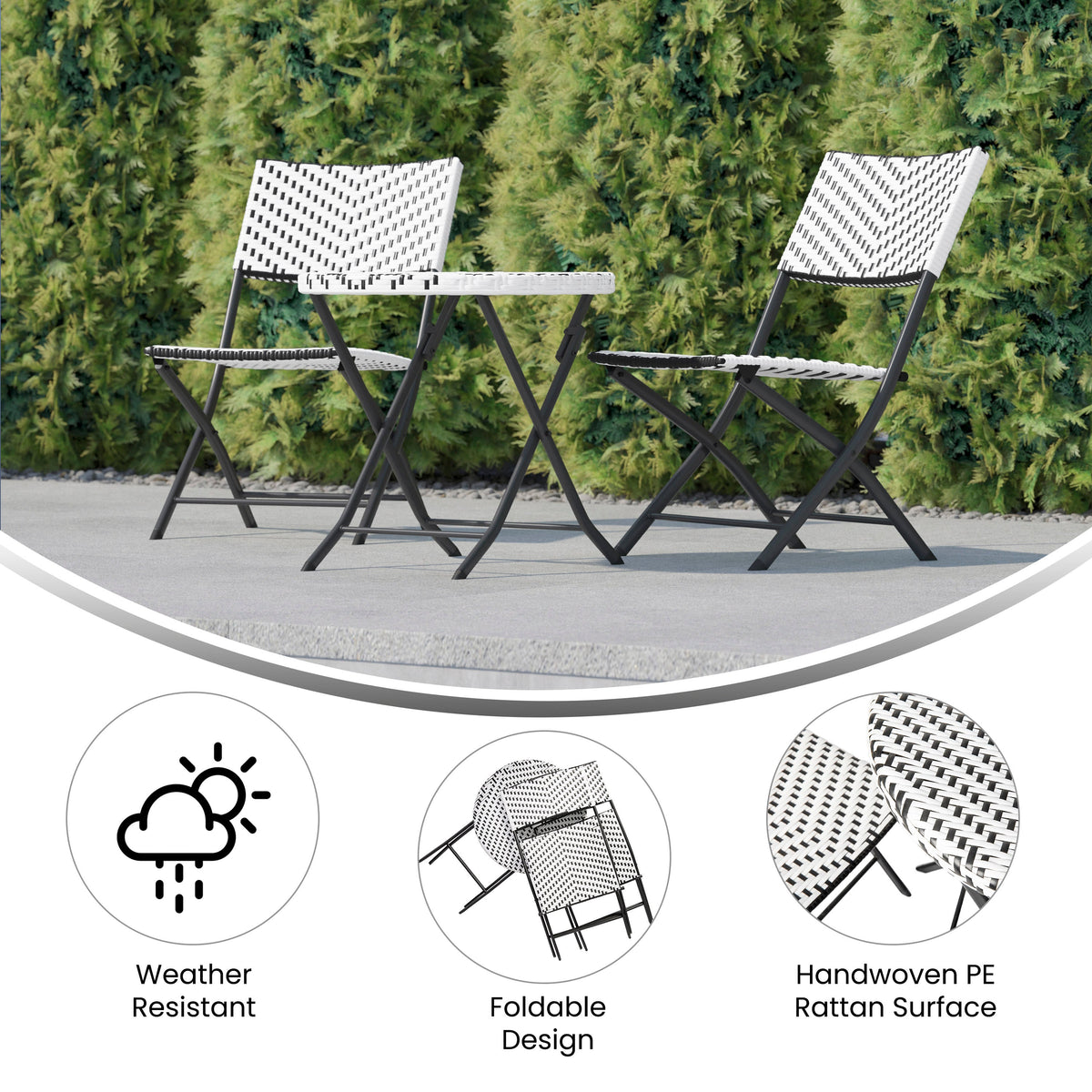 Black & White |#| 3PC Black and White Indoor/Outdoor PE Rattan Folding Bistro Set