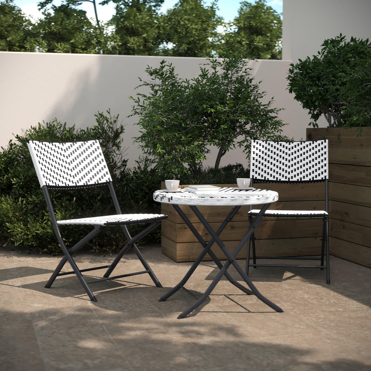 Black & White |#| 3PC Black and White Indoor/Outdoor PE Rattan Folding Bistro Set