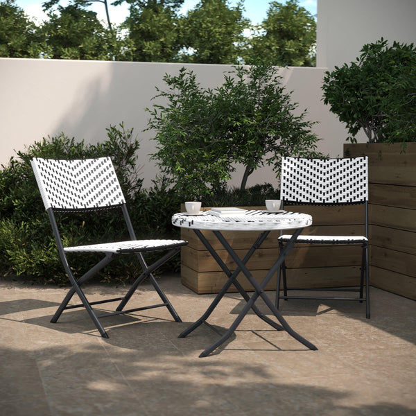 Black & White |#| 3PC Black and White Indoor/Outdoor PE Rattan Folding Bistro Set