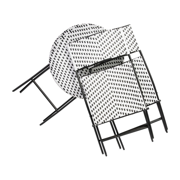 Black & White |#| 3PC Black and White Indoor/Outdoor PE Rattan Folding Bistro Set