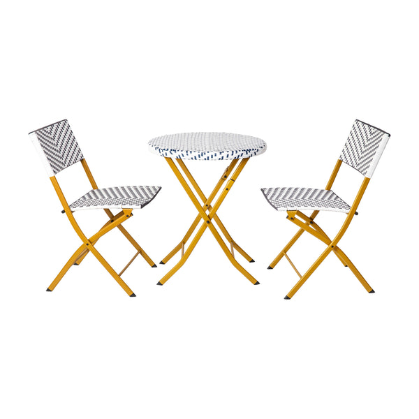 Navy & White |#| 3PC Navy and White Indoor/Outdoor PE Rattan Folding Bistro Set