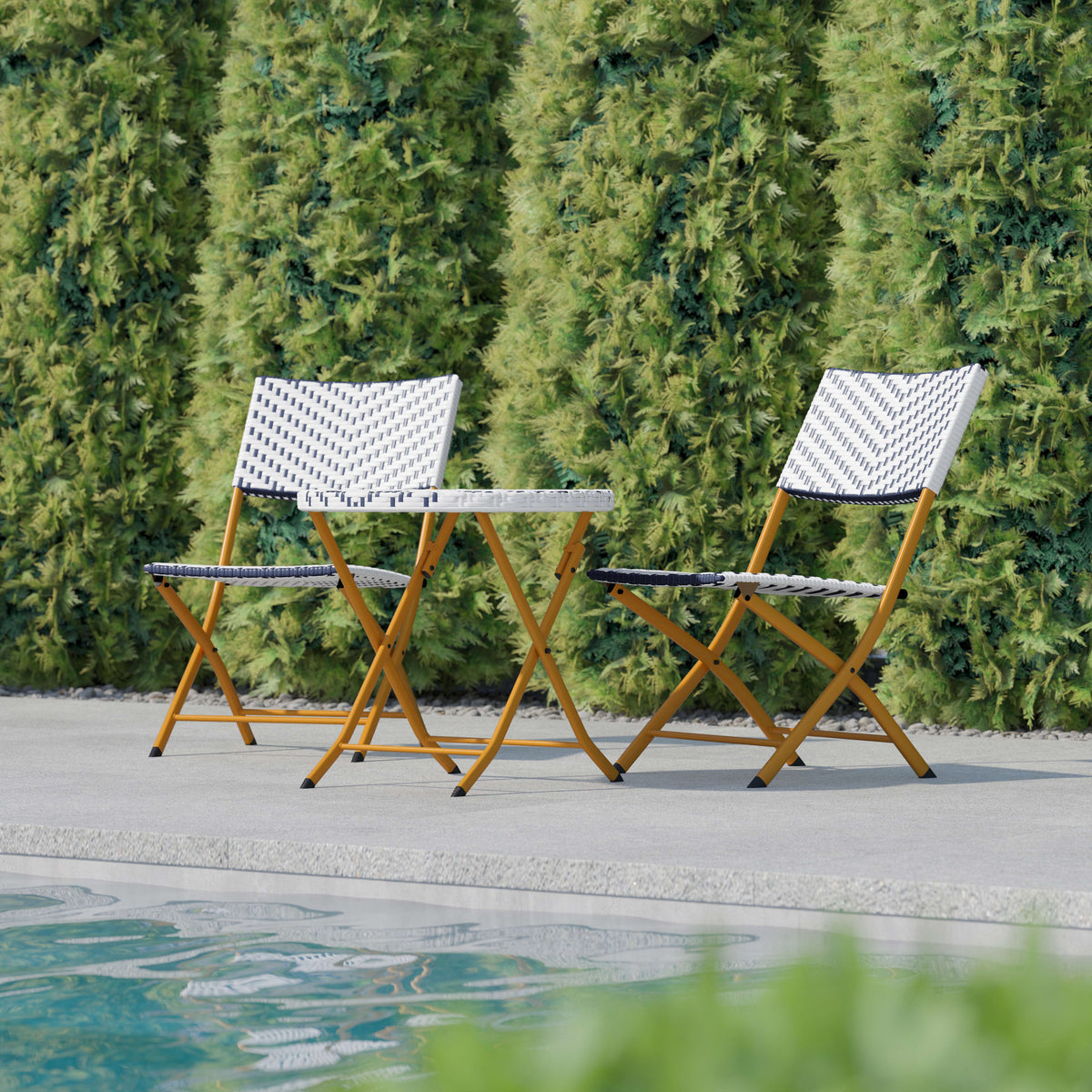 Navy & White |#| 3PC Navy and White Indoor/Outdoor PE Rattan Folding Bistro Set