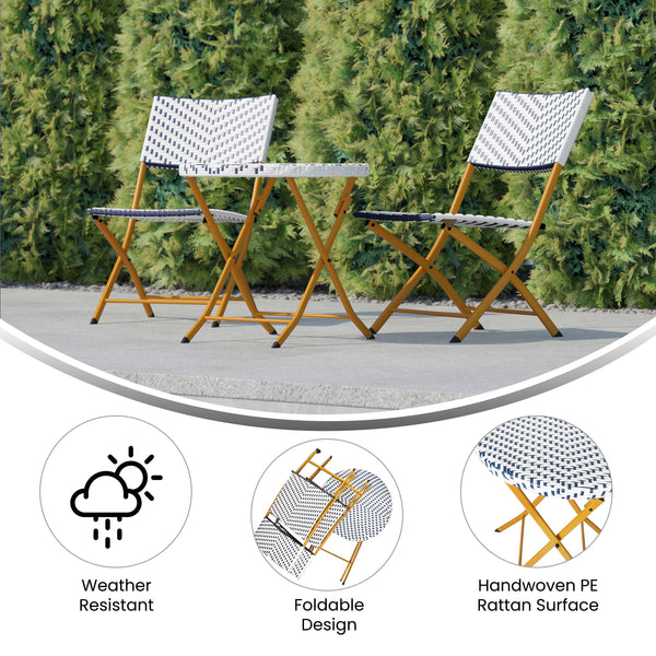 Navy & White |#| 3PC Navy and White Indoor/Outdoor PE Rattan Folding Bistro Set