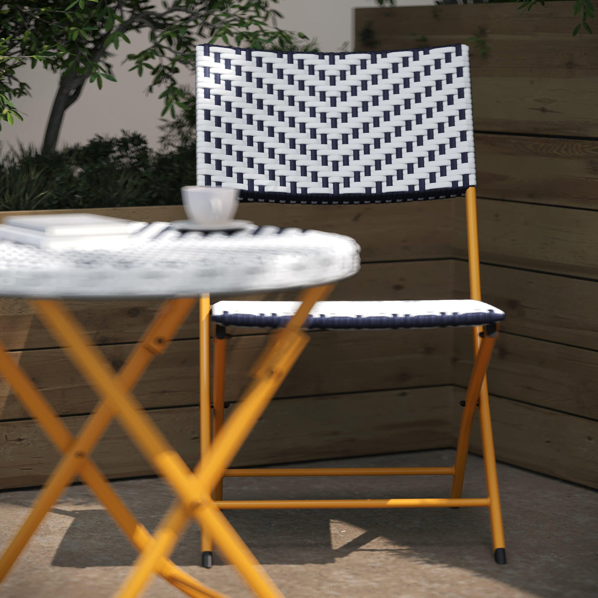 Navy & White |#| 3PC Navy and White Indoor/Outdoor PE Rattan Folding Bistro Set