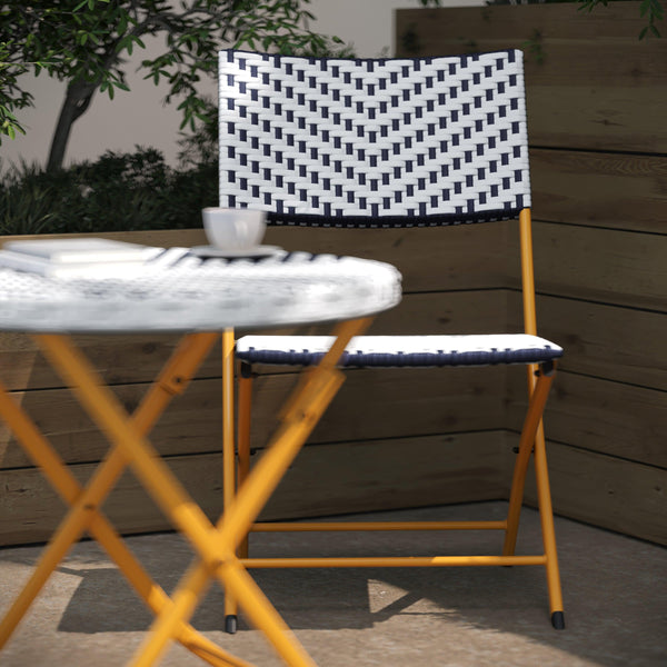 Navy & White |#| 3PC Navy and White Indoor/Outdoor PE Rattan Folding Bistro Set