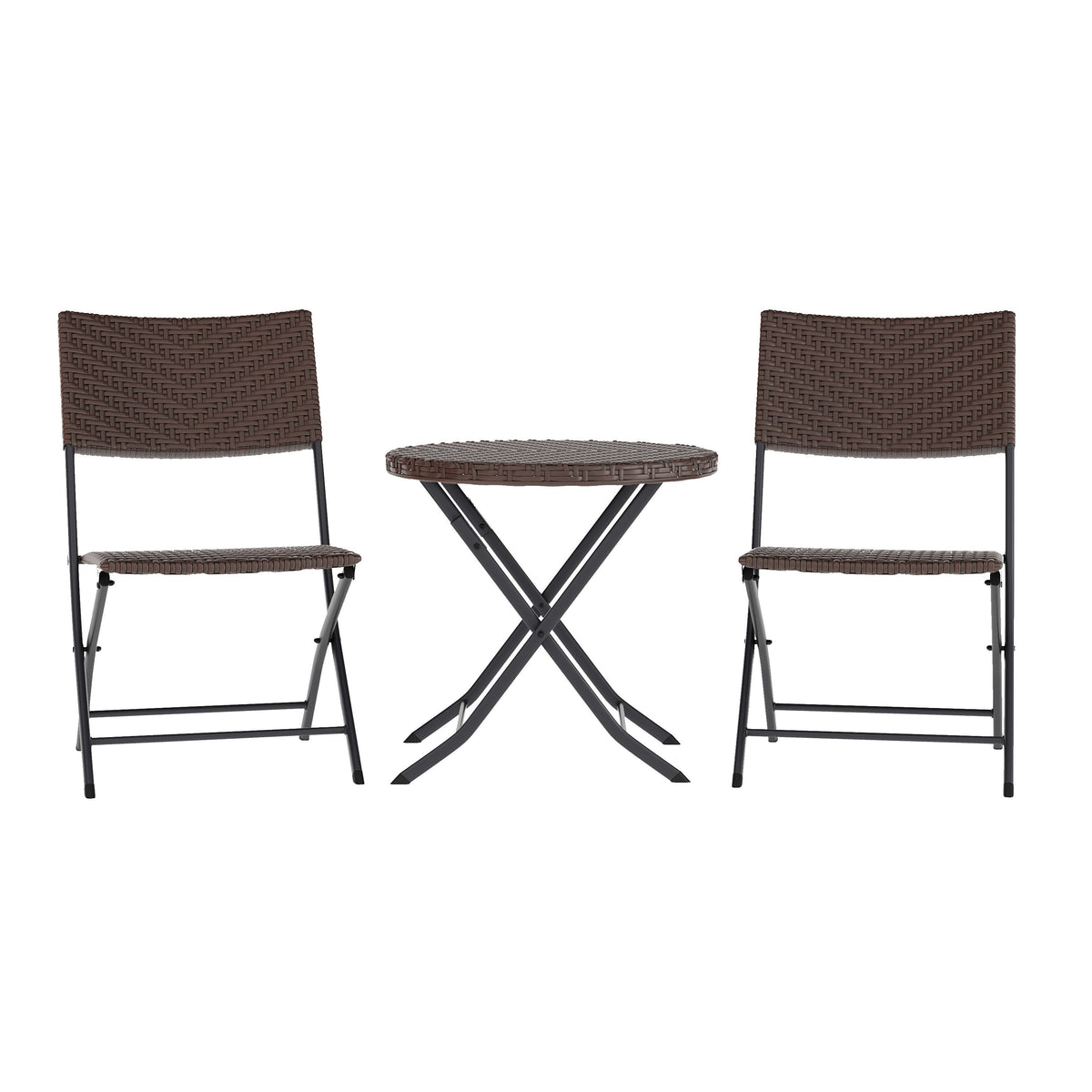 Brown |#| 3PC Brown and Black Indoor/Outdoor PE Rattan Folding Bistro Set