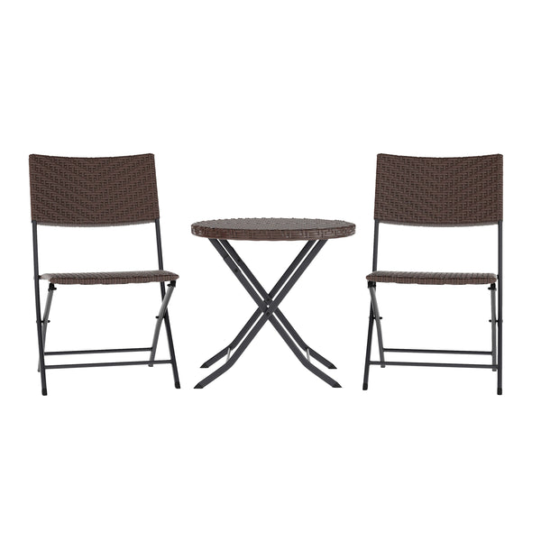 Brown |#| 3PC Brown and Black Indoor/Outdoor PE Rattan Folding Bistro Set