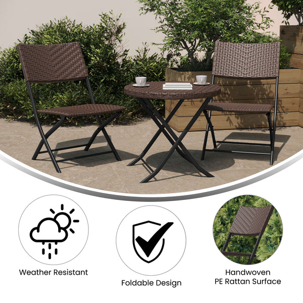 Brown |#| 3PC Brown and Black Indoor/Outdoor PE Rattan Folding Bistro Set