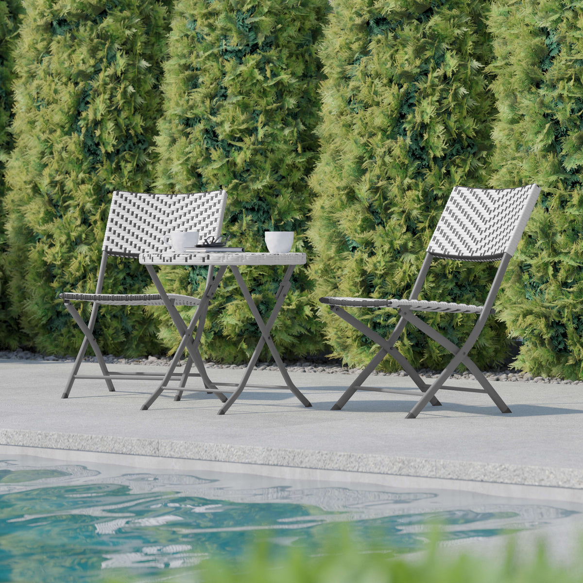 Gray & White |#| 3PC Gray/White and Charcoal Indoor/Outdoor PE Rattan Folding Bistro Set