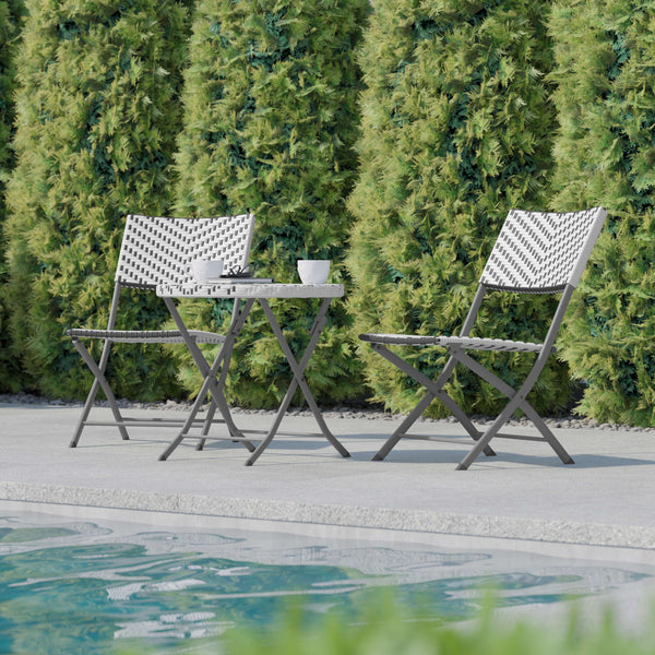 Gray & White |#| 3PC Gray/White and Charcoal Indoor/Outdoor PE Rattan Folding Bistro Set