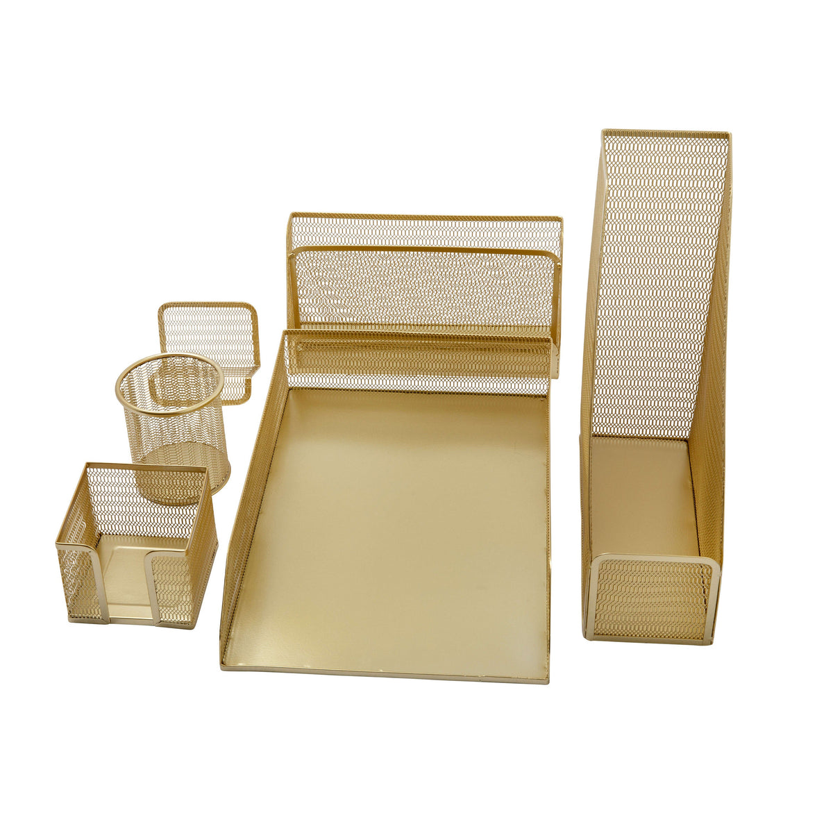 Premium 6 Piece Mesh Metal Desktop Office Supplies Organizer Set in Gold