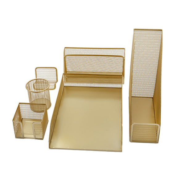 Premium 6 Piece Mesh Metal Desktop Office Supplies Organizer Set in Gold