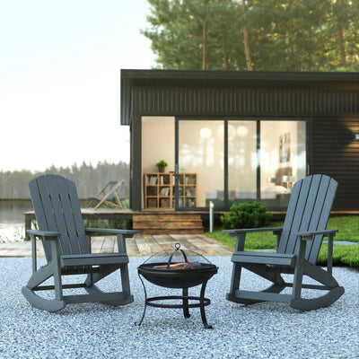 Savannah Set of 2 All-Weather Poly Resin Wood Adirondack Rocking Chairs with 22" Round Wood Burning Fire Pit - View 2