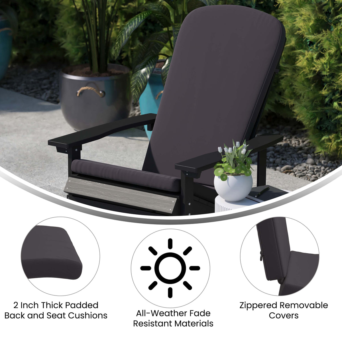 Black/Gray |#| Indoor/Outdoor Black Rocking Adirondack Chairs with Gray Cushions - Set of 2