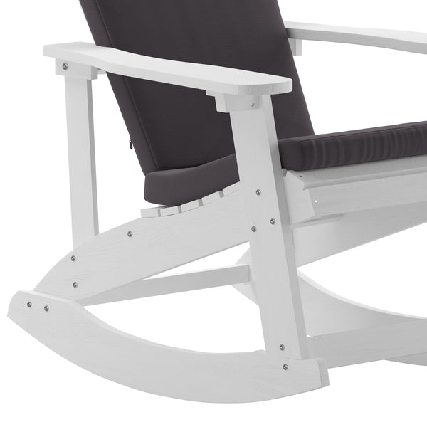 White/Gray |#| Indoor/Outdoor White Rocking Adirondack Chairs with Gray Cushions - Set of 2