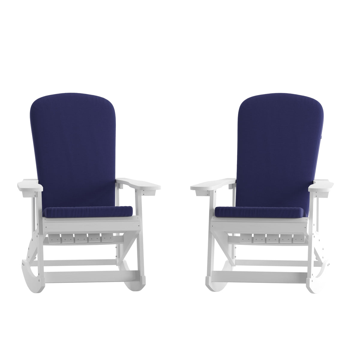 White/Blue |#| Indoor/Outdoor White Rocking Adirondack Chairs with Blue Cushions - Set of 2