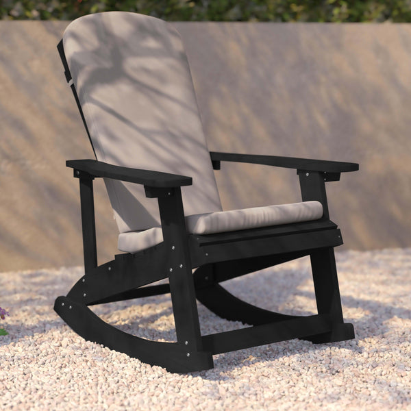 Black/Cream |#| Indoor/Outdoor Black Rocking Adirondack Chairs with Cream Cushions - Set of 2