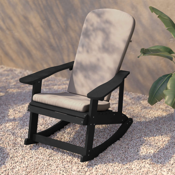 Black/Cream |#| Indoor/Outdoor Black Rocking Adirondack Chairs with Cream Cushions - Set of 2