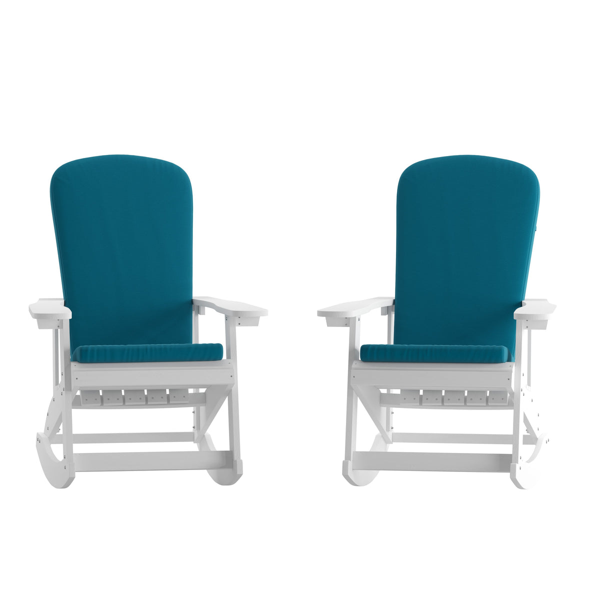 White/Teal |#| Indoor/Outdoor White Rocking Adirondack Chairs with Teal Cushions - Set of 2