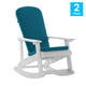 White/Teal |#| Indoor/Outdoor White Rocking Adirondack Chairs with Teal Cushions - Set of 2