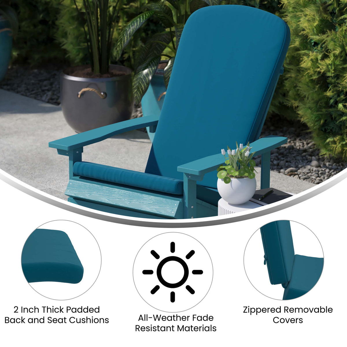 White/Teal |#| Indoor/Outdoor White Rocking Adirondack Chairs with Teal Cushions - Set of 2