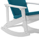 White/Teal |#| Indoor/Outdoor White Rocking Adirondack Chairs with Teal Cushions - Set of 2