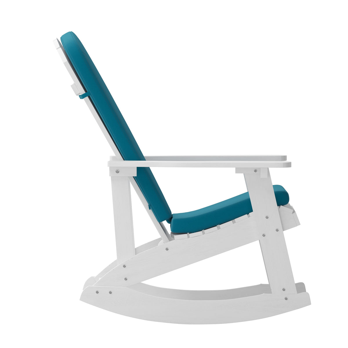 White/Teal |#| Indoor/Outdoor White Rocking Adirondack Chairs with Teal Cushions - Set of 2