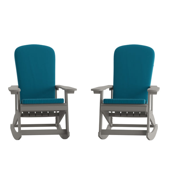 Gray/Teal |#| Indoor/Outdoor White Rocking Adirondack Chairs with Teal Cushions - Set of 2