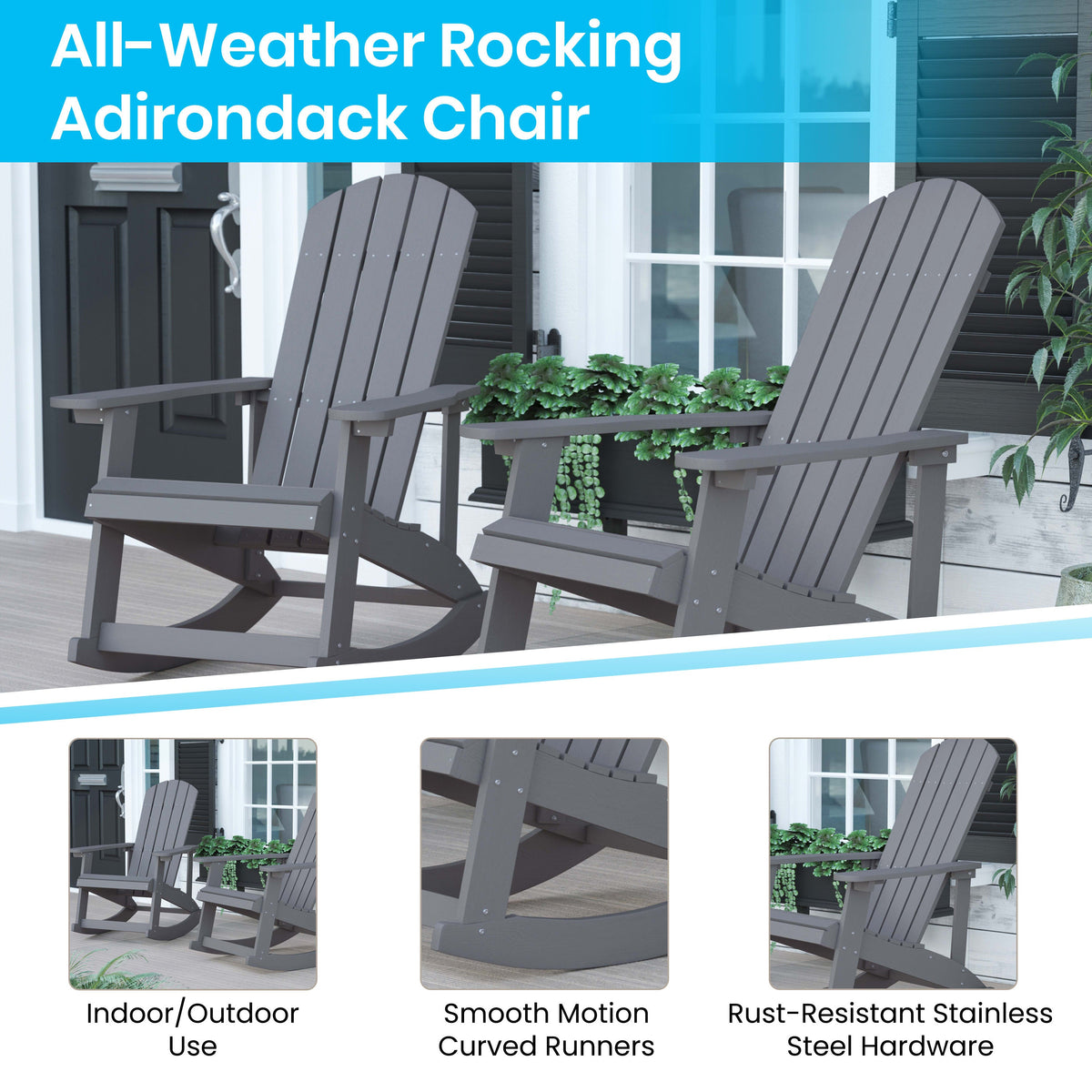 Gray/Teal |#| Indoor/Outdoor White Rocking Adirondack Chairs with Teal Cushions - Set of 2