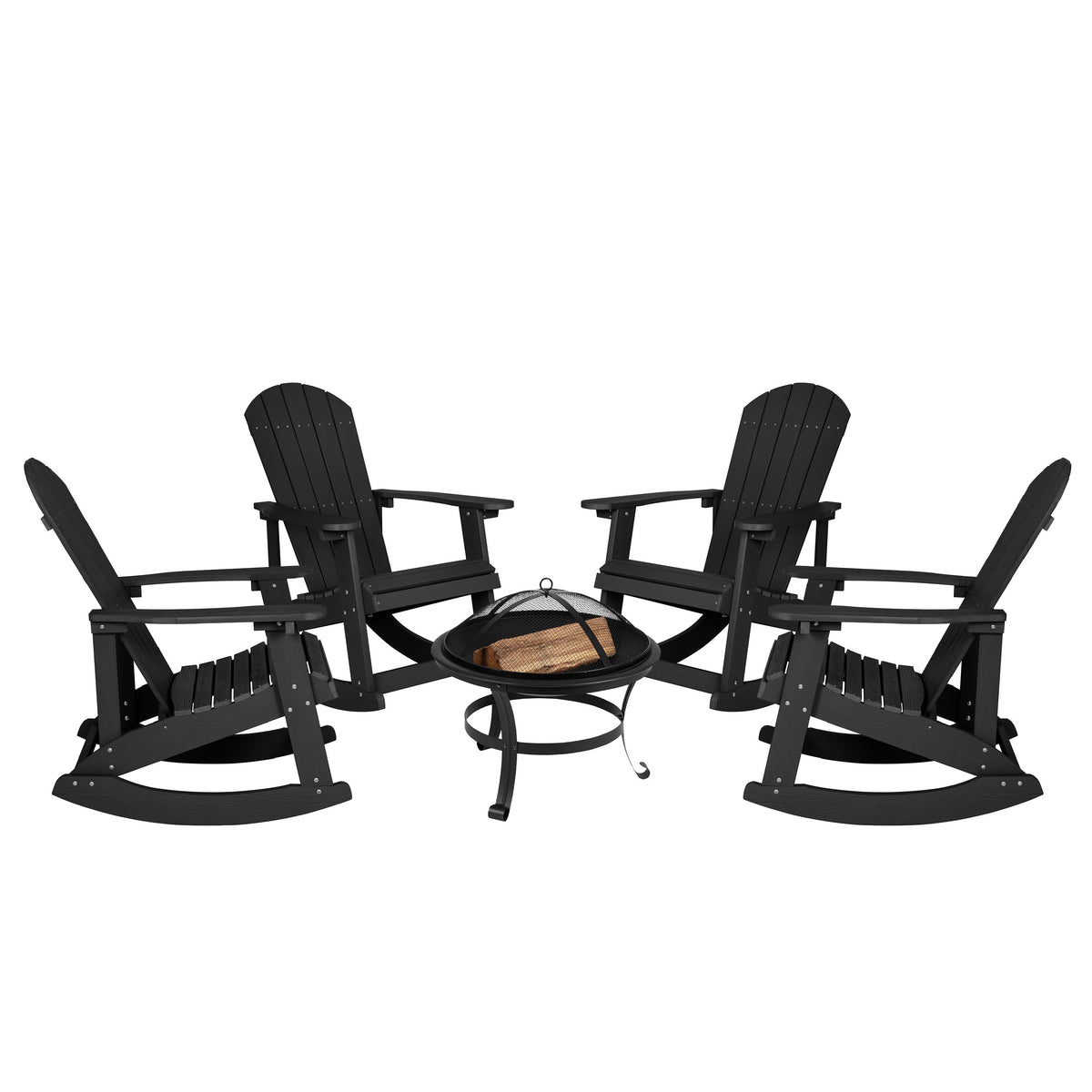 Black |#| Set of 4 Poly Resin Adirondack Rocking Chairs in Black & 22inch Round Fire Pit