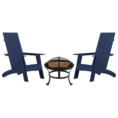 Sawyer Set of 2 Modern All-Weather 2-Slat Poly Resin Adirondack Chairs with 22" Round Wood Burning Fire Pit - View 1