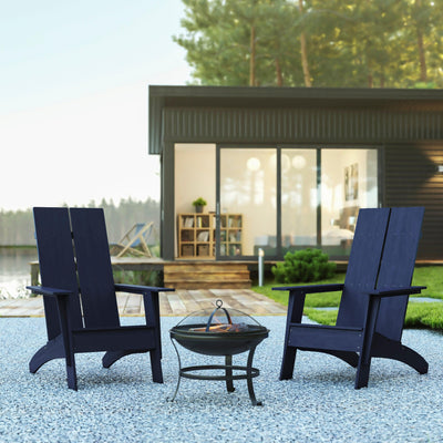 Sawyer Set of 2 Modern All-Weather 2-Slat Poly Resin Adirondack Chairs with 22" Round Wood Burning Fire Pit - View 2