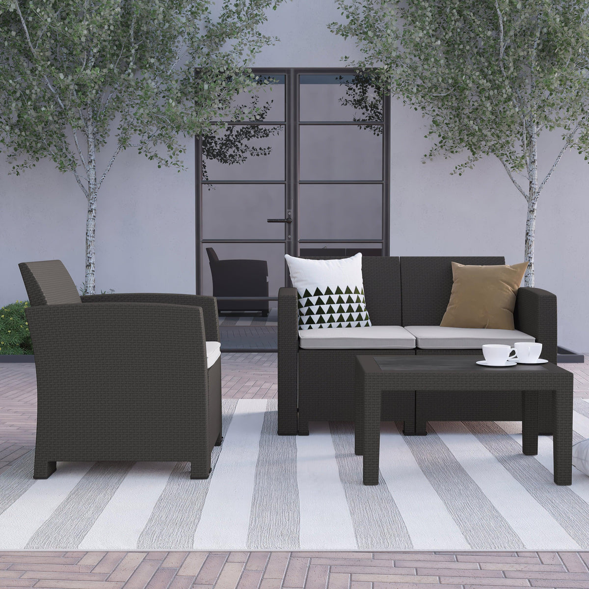 Dark Gray |#| 4 Piece Outdoor Faux Rattan Chair, Loveseat and Table Set in Dark Gray