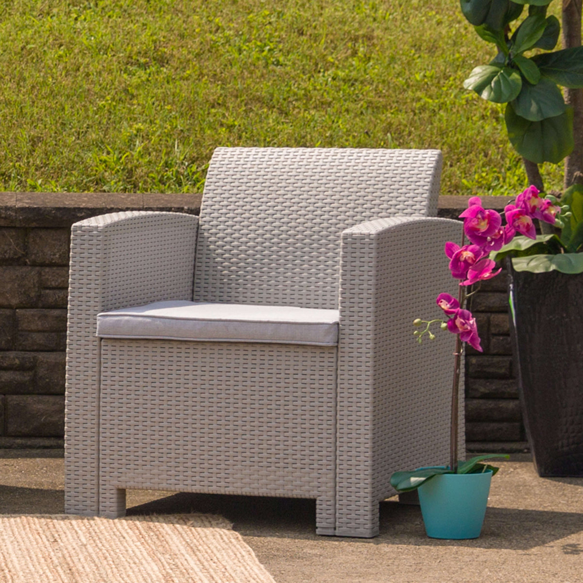 Light Gray |#| Light Gray Faux Rattan Chair with All-Weather Light Gray Cushion - Patio Chair