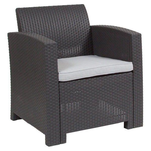 Dark Gray |#| Dark Gray Faux Rattan Chair with All-Weather Light Gray Cushion - Patio Chair