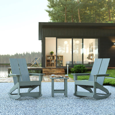 Set of 2 Finn Modern Commercial Grade All-Weather 2-Slat Poly Resin Rocking Adirondack Chairs with Side Table - View 2