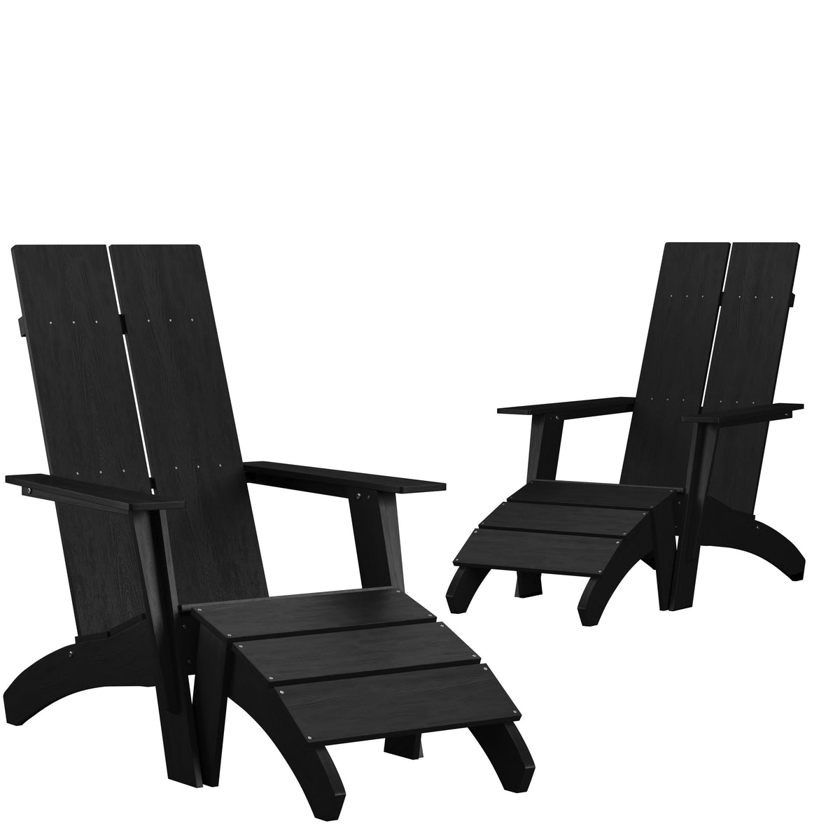 Black |#| Set of 2 Indoor/Outdoor 2-Slat Adirondack Style Chairs & Footrests in Black