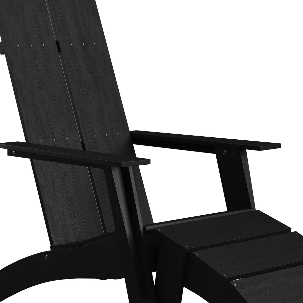 Black |#| Set of 2 Indoor/Outdoor 2-Slat Adirondack Style Chairs & Footrests in Black