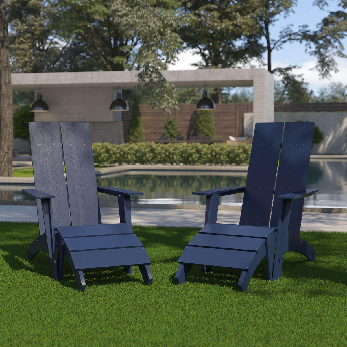 Navy |#| Set of 2 Indoor/Outdoor 2-Slat Adirondack Style Chairs & Footrests in Navy